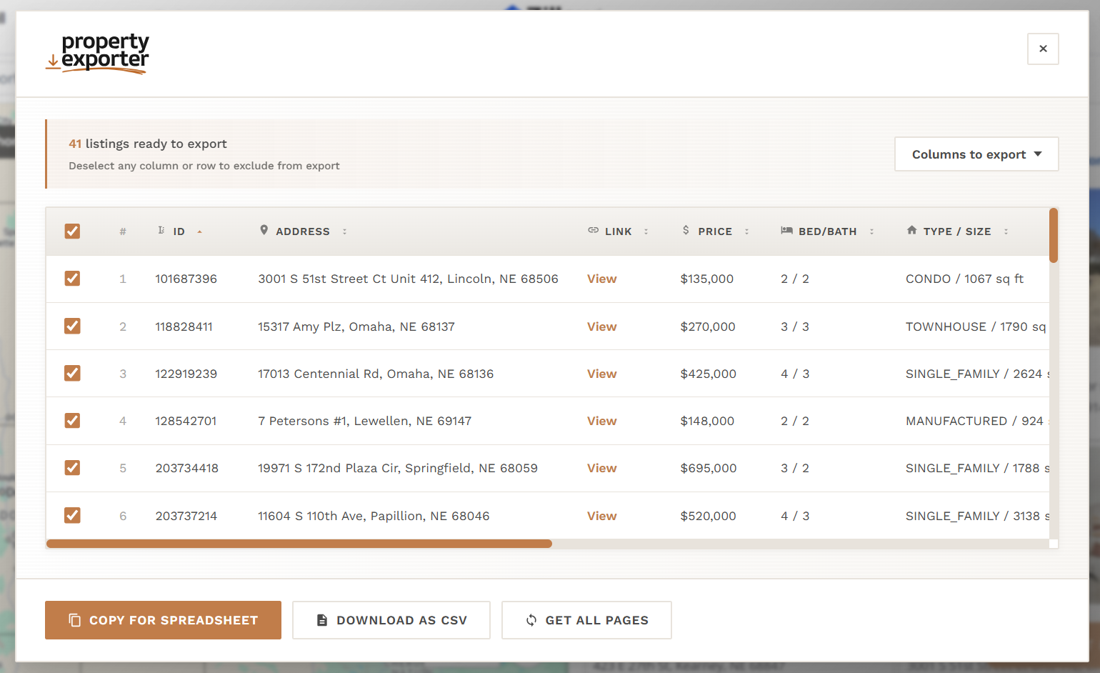 Property Stripe extension showing listing data ready to export